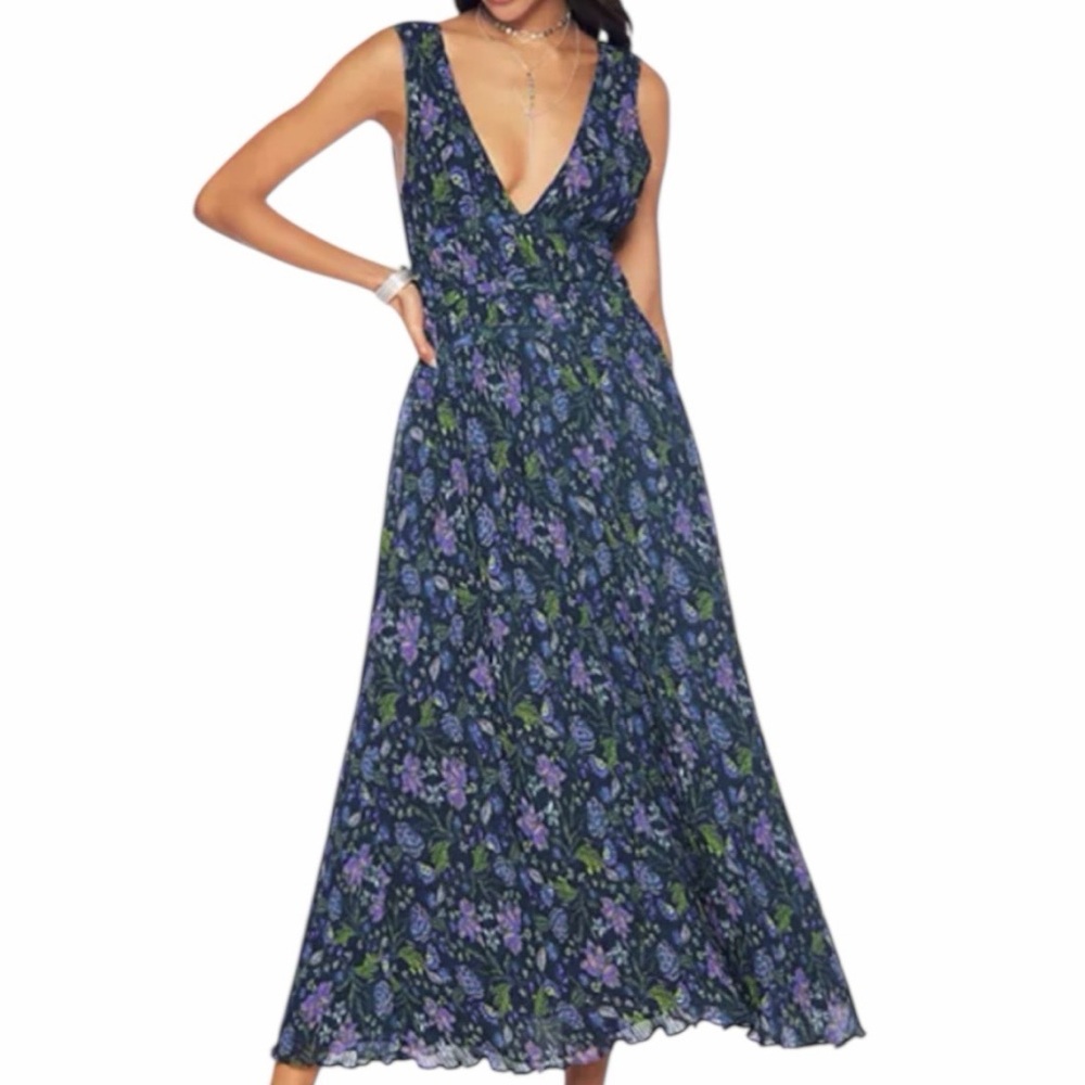 NWT RAMY BROOK Navy Floral V-Neck Pleated Detail Lined Dress Size Large